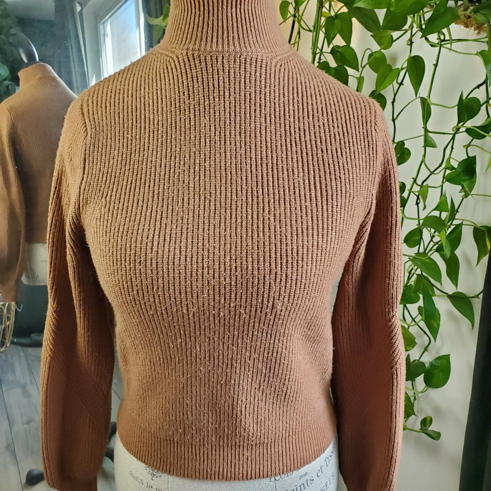 ZARA | Turtleneck Tapered Sleeve Ribbed Bodice Warm Brown Sweater (Size S) - Picture 3 of 9